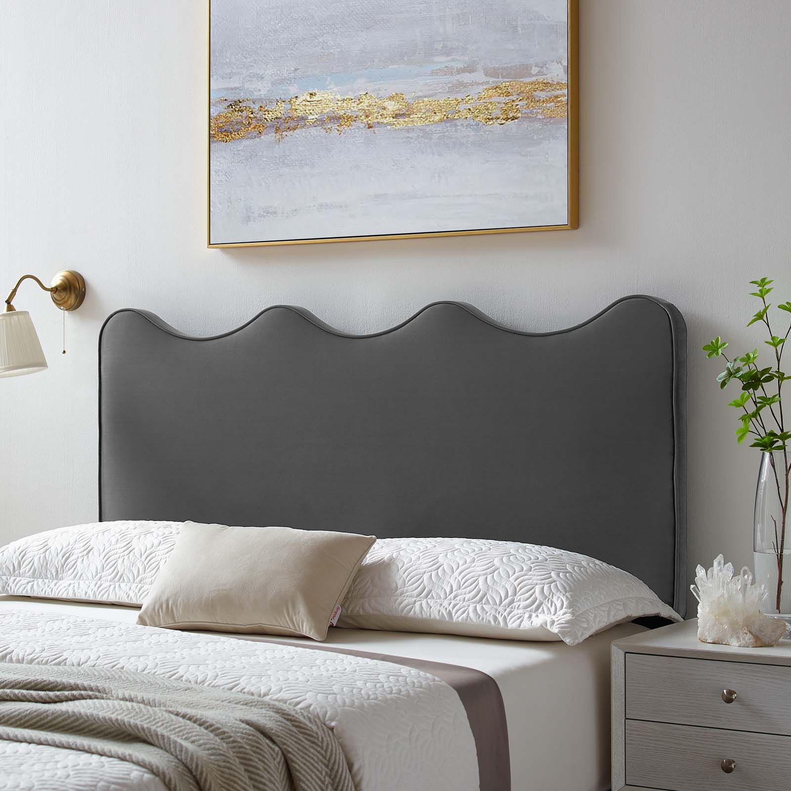 Scalloped Edge Upholstered Full/Queen Size Bedroom Headboard in Mint Velvet 